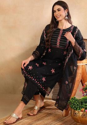Black Floral Print Blended Kurta Set