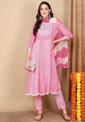 Pink Printed Viscose Kurta Set