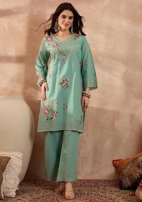 Green Floral Print Cotton Kurta Set — view on Indya