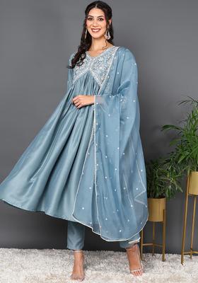 Blue Embroidery Silk Kurta Set