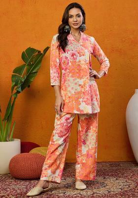 Orange Floral Print Blended Kurta Set