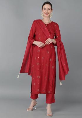 Red Embroidery Silk Kurta Set