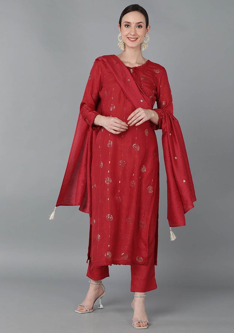 Red Embroidery Silk Kurta Set - Indya