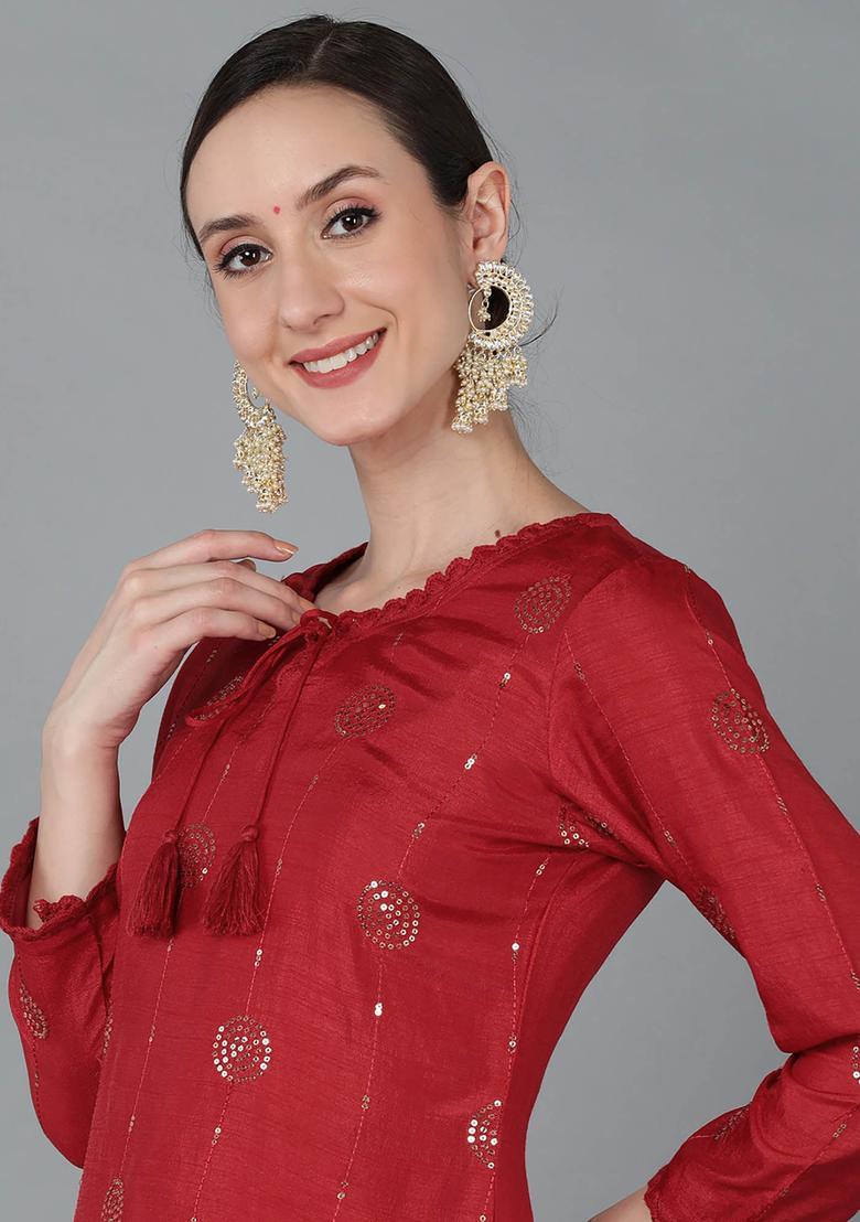 Red Embroidery Silk Kurta Set - Indya