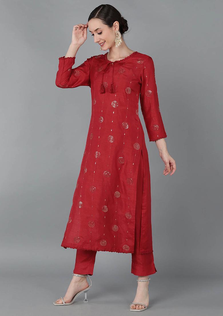 Red Embroidery Silk Kurta Set - Indya