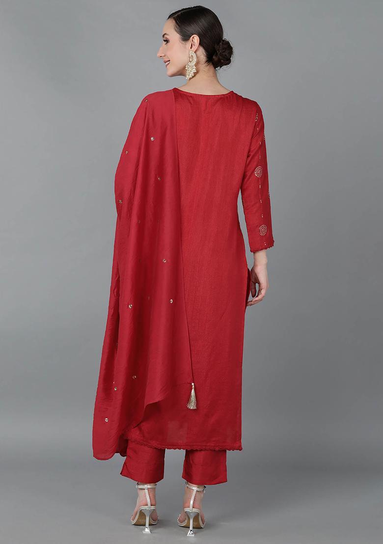 Red Embroidery Silk Kurta Set - Indya