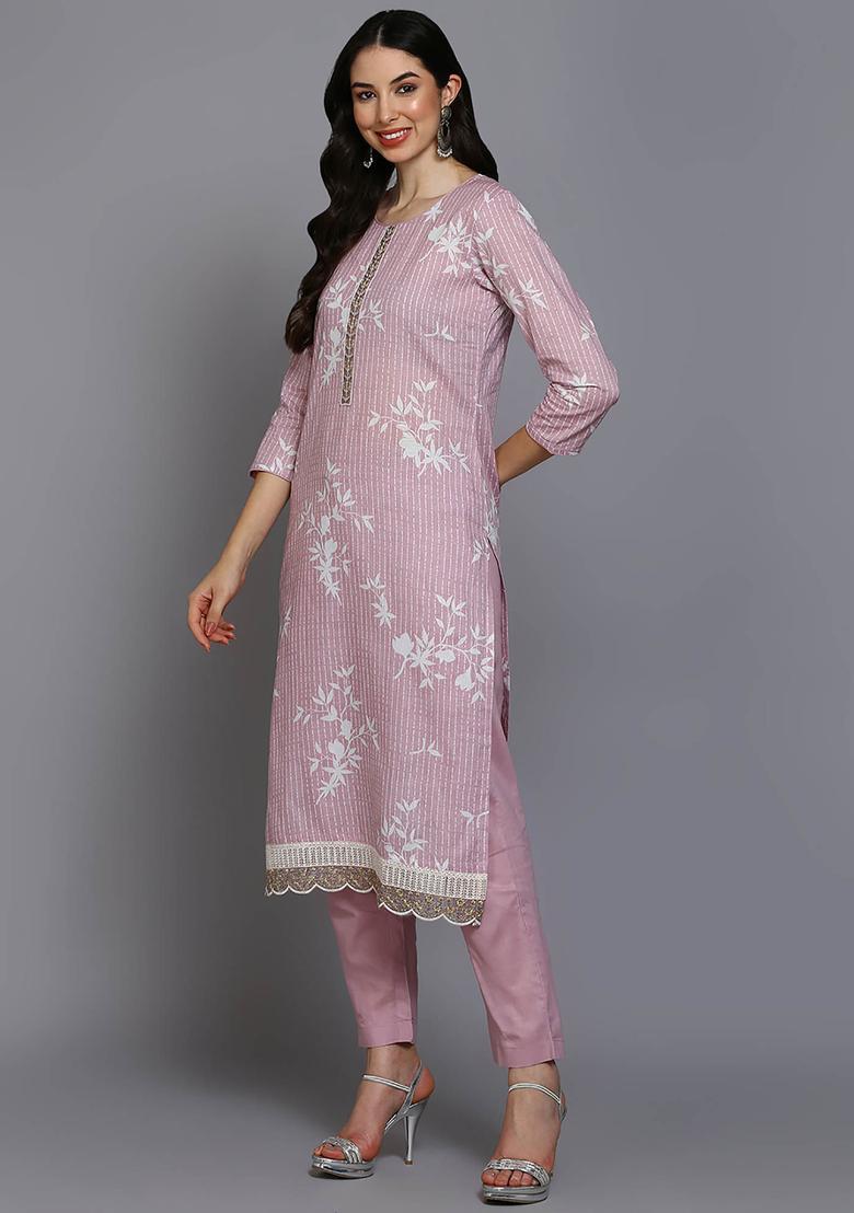Pink Printed Blended Kurta Set - Indya
