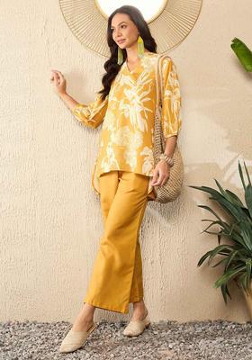 Mustard Printed Cotton Kurta Set