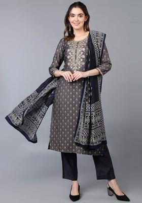 Grey Printed Silk Kurta Set