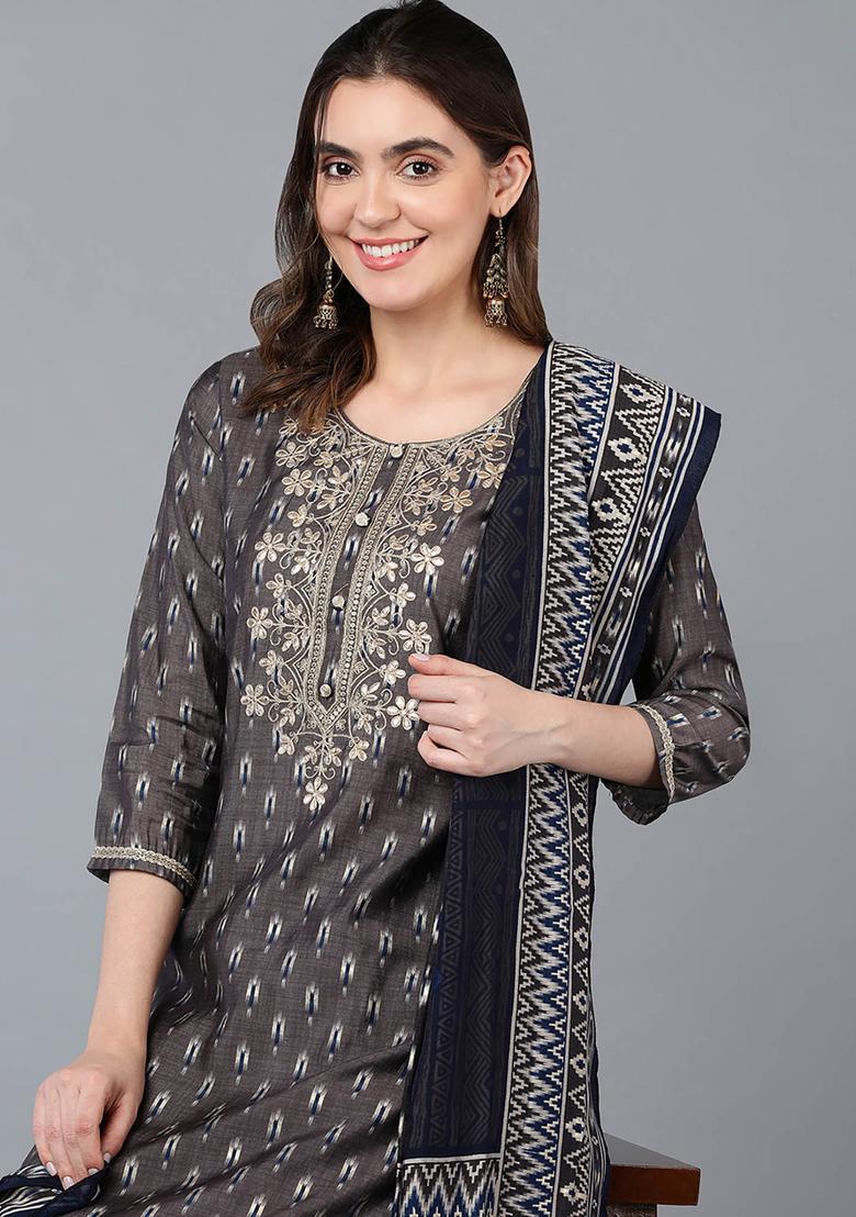 Grey Printed Silk Kurta Set - Indya