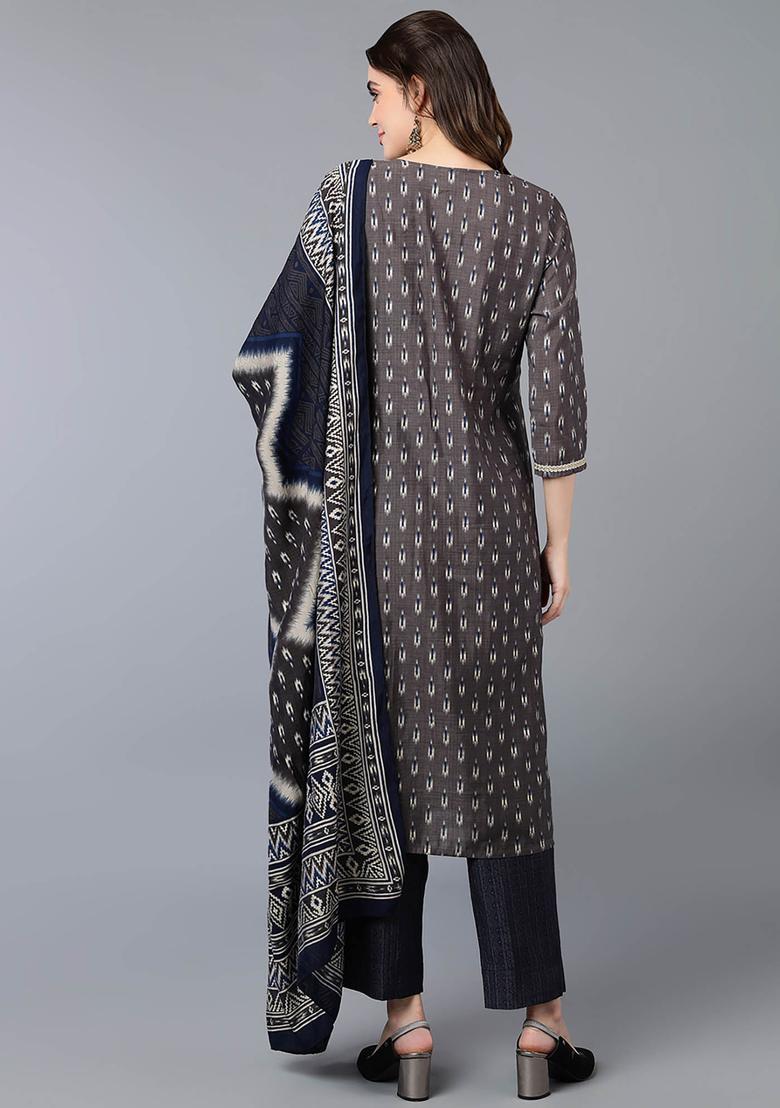 Grey Printed Silk Kurta Set - Indya
