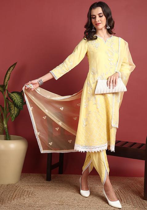 Yellow Floral Print Organza Salwar Suit Set — view on Indya