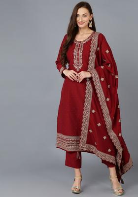 Red Embroidery Silk Kurta Set