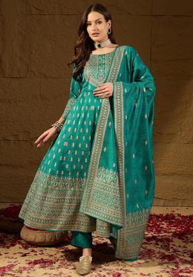 Teal Woven Silk Kurta Set