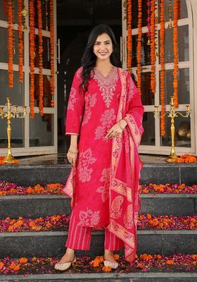 Red Floral Print Chanderi Kurta Set