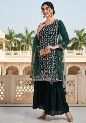 Green Embroidery Silk Sharara Set