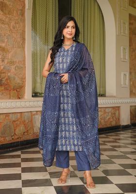 Blue Printed Rayon Kurta Set
