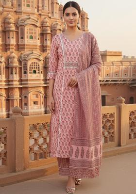 Peach Floral Print Cotton Kurta Set