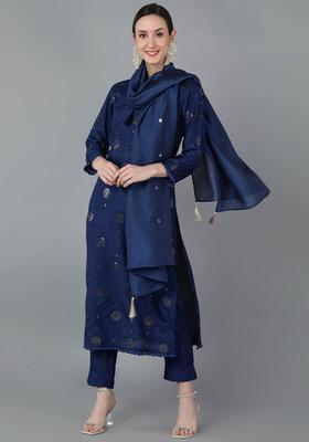 Navy Blue Embroidery Silk Kurta Set