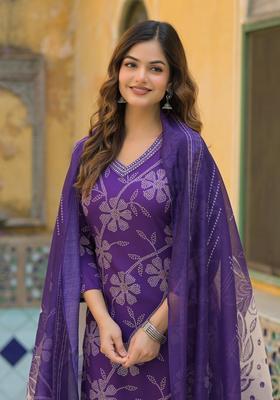 Blue Floral Print Rayon Kurta Set