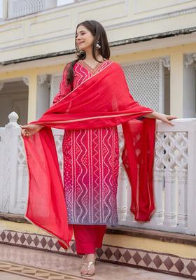 Red Printed Rayon Kurta Set