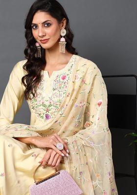Yellow Embroidery Silk Kurta Set