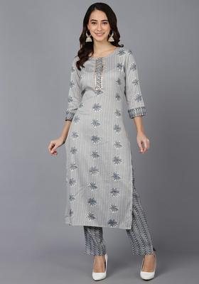 Grey Printed Blended Kurta Set