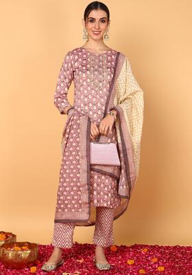 Mauve Printed Silk Kurta Set
