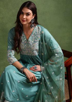 Green Embroidery Blended Palazzo Set