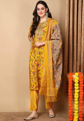 Yellow Floral Print Silk Kurta Set