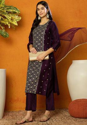 Purple Embroidery Blended Kurta Set