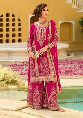 Pink Embroidery Chinon Palazzo Set