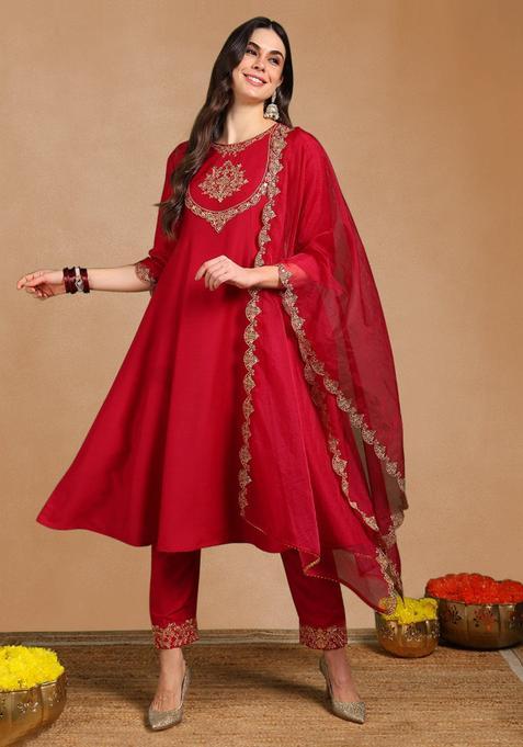 Pink Embroidery Blended Salwar Suit Set — view on Indya