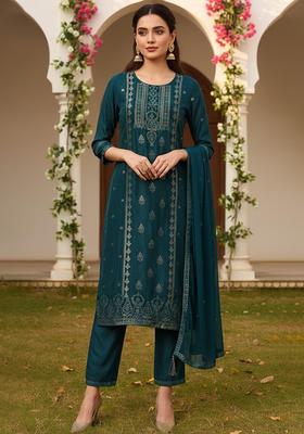 Teal Woven Silk Blend Kurta Set