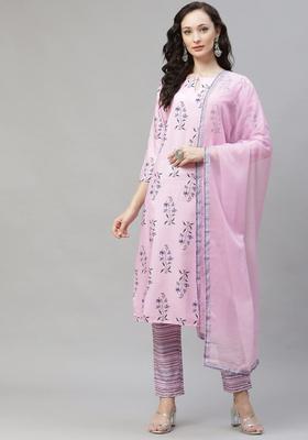 Lavender Pink Floral Print Polyester Kurta Set
