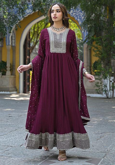 Maroon Solid Georgette Anarkali Set — view on Indya