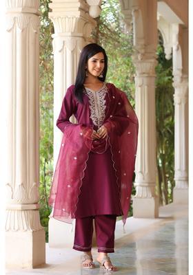 Purple Embroidery Silk Kurta Set