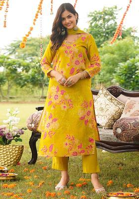 Yellow Floral Print Viscose Kurta Set