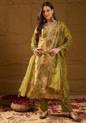 Green Floral Print Silk Kurta Set