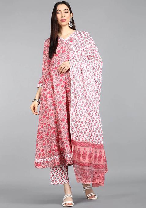 Pink Printed Cotton Anarkali Set — view on Indya