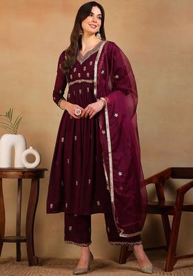 Purple Embroidery Silk Kurta Set