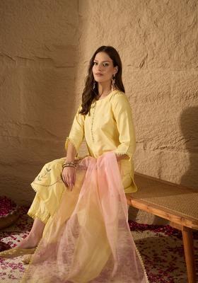 Yellow Embroidery Silk Kurta Set