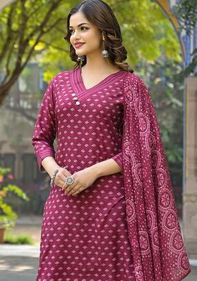 Burgundy Floral Print Rayon Kurta Set
