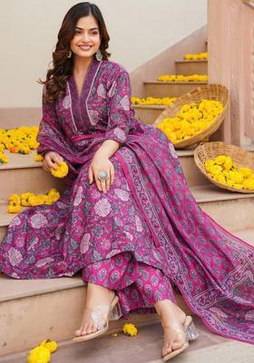 Lavender Floral Print Rayon Anarkali Set