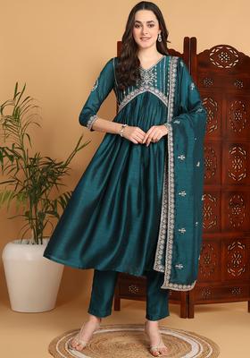 Teal Embroidery Silk Kurta Set