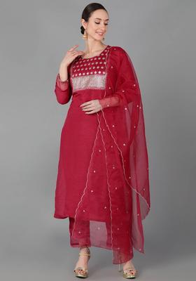 Red Embroidery Silk Kurta Set
