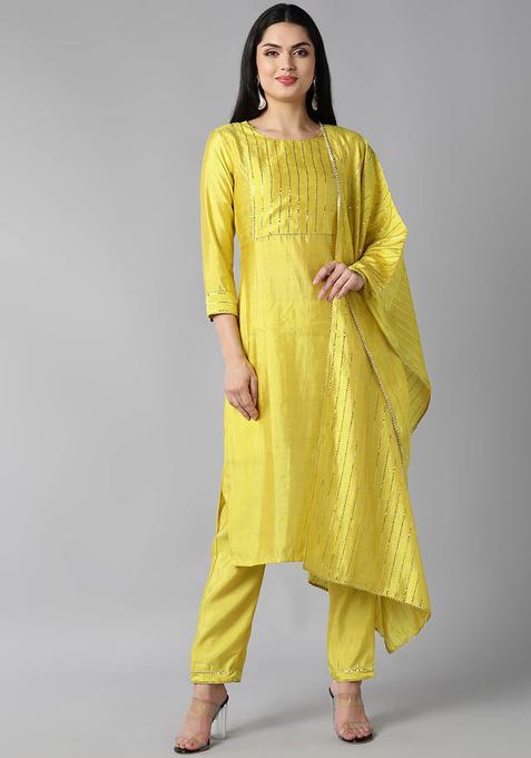 Yellow Solid Chanderi Kurta Set — view on Indya