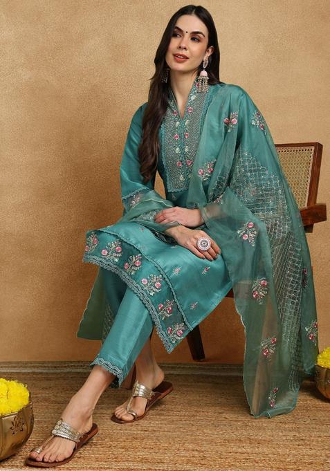 Teal Floral Print Blended Salwar Suit Set — view on Indya
