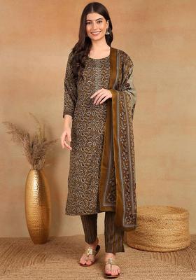 Brown Floral Print Rayon Kurta Set