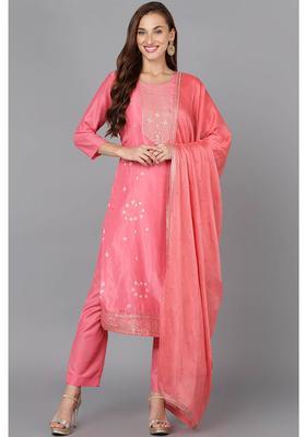 Pink Woven Silk Blend Kurta Set